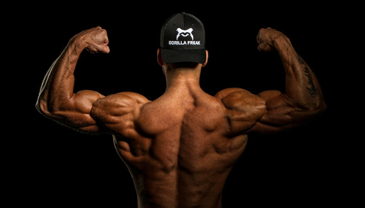 topless man wearing black and white cap
